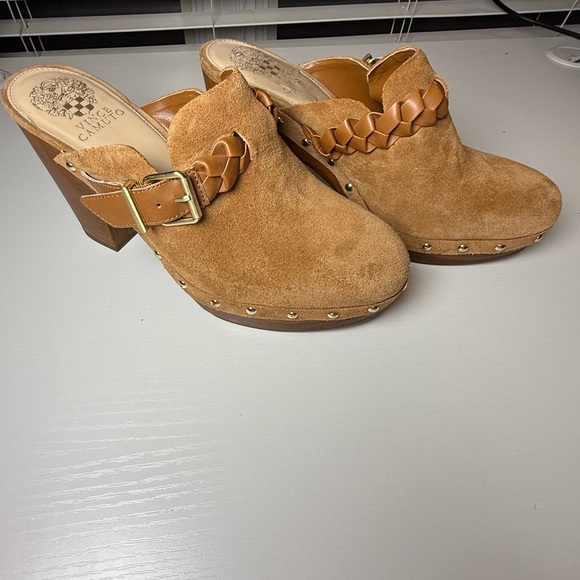 Vince Camuto Crashell Womens Size‎ 8 Mules Brown Leather Wooden heel Buckle Clog - Picture 1 of 10